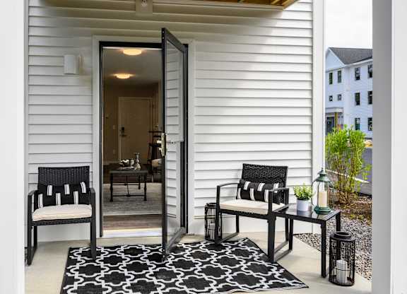 A black and white patterned rug sits in front of a glass door.