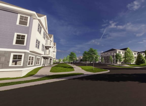 A street view of a residential area with houses and a car parked on the side.