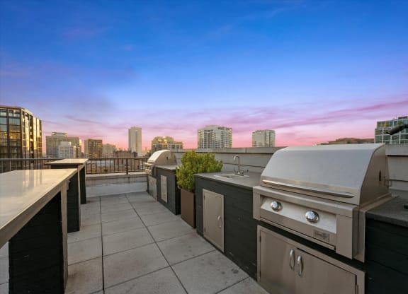 the city skyline as seen from the roof deck of a building with an outdoor grill at Chateau on Wells, Chicago, 60654