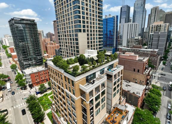 an aerial view of a city with trees on top of buildings at Chateau on Wells, Chicago, Illinois