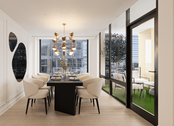 a dining room with a black table and white chairs and a large window at Chateau on Wells, Chicago, 60654