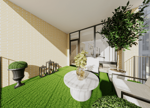 a living room with a green rug and a balcony at Chateau on Wells, Chicago