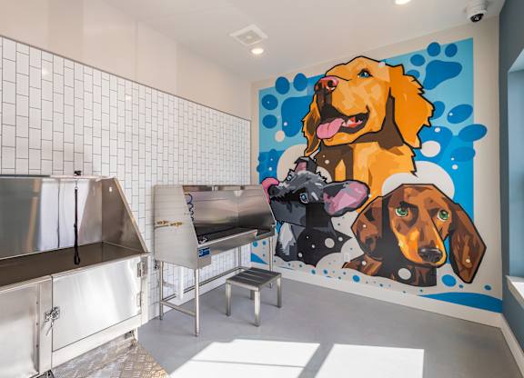 A dog-themed mural in a room with a metal table and bench.