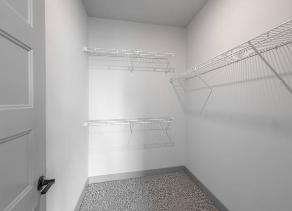A white closet with a carpeted floor and a door on the left.