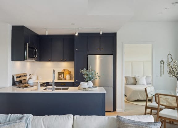 a kitchen and living room with black cabinets and a refrigerator