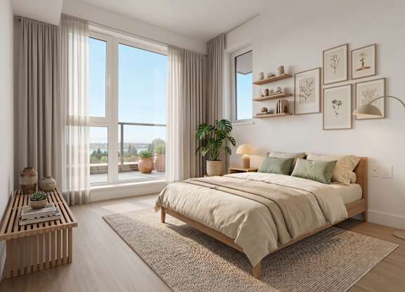 A bedroom with a large bed and a view of the outdoors through the window.