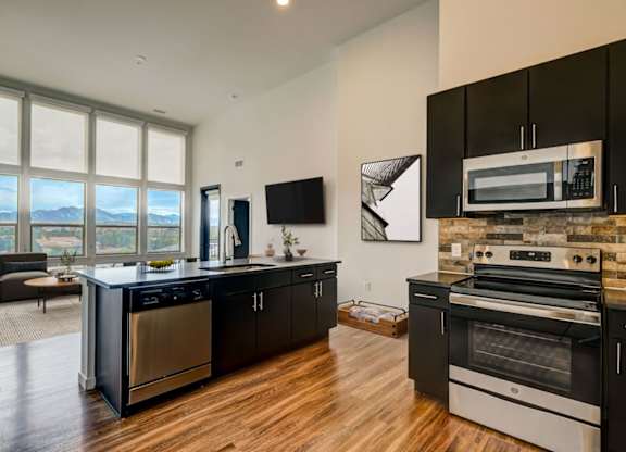 A modern kitchen with black cabinets and stainless steel appliances.