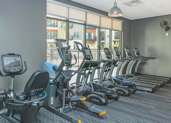 A gym with treadmills and elliptical machines  at Bridges at Flatiron, Broomfield, 80021
