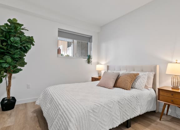 a bedroom with a large bed and a window