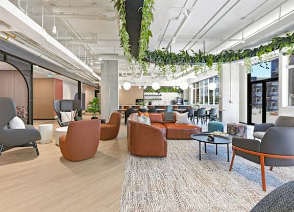 A modern office space with a variety of seating options and plants hanging from the ceiling.
