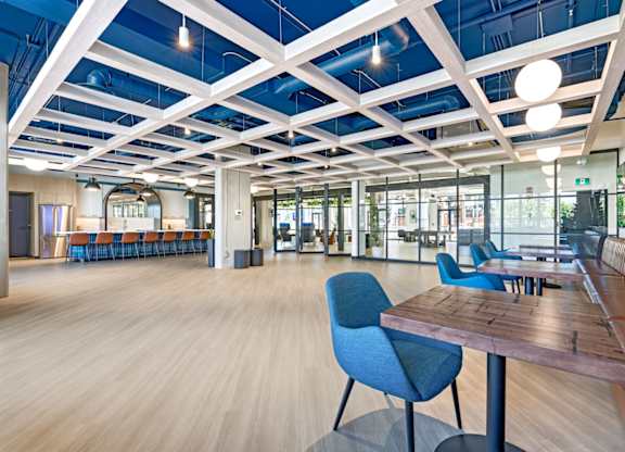 A modern open plan office with blue chairs and wooden tables.