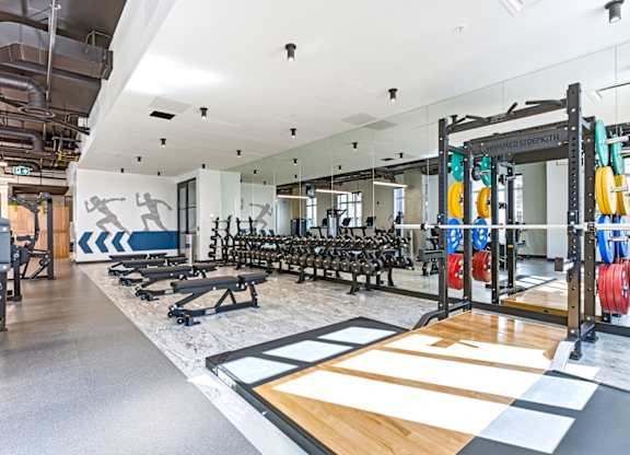 A gym with a variety of equipment including weights and weight machines.