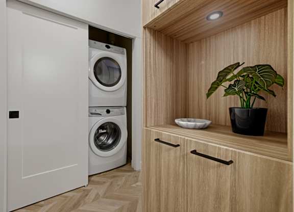 A white washing machine is in a small laundry room with a wooden cabinet and a plant.