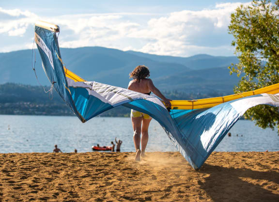 a woman holding a large kite on a beach