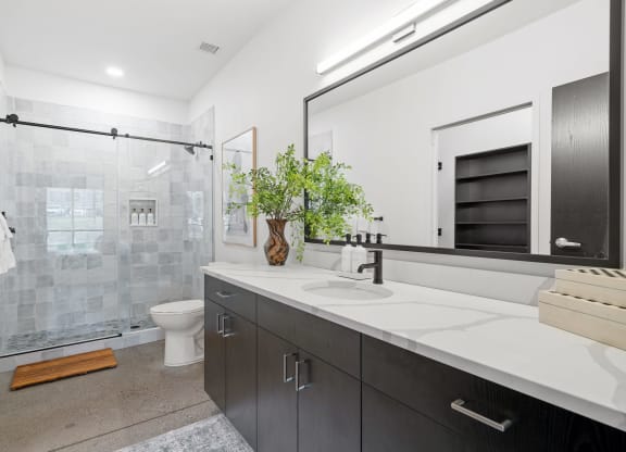 a bathroom with a sink and a shower and a toilet