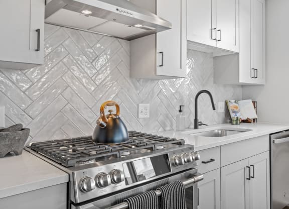 a kitchen with a stove and a sink
