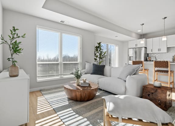 a living room with a couch and a coffee table    and a kitchen