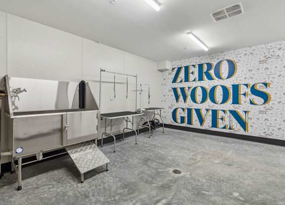 A wall with the words "Zero Woofs Given" in blue and yellow.