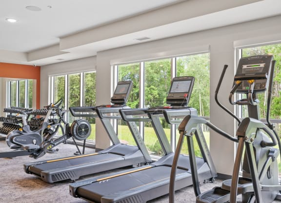 a gym with treadmills and other exercise equipment