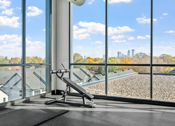 the home gym has a view of the city from the windows