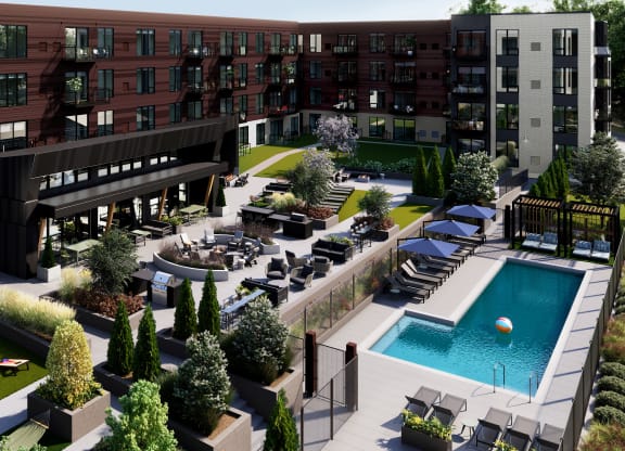 a rendering of an apartment building with a pool and courtyard