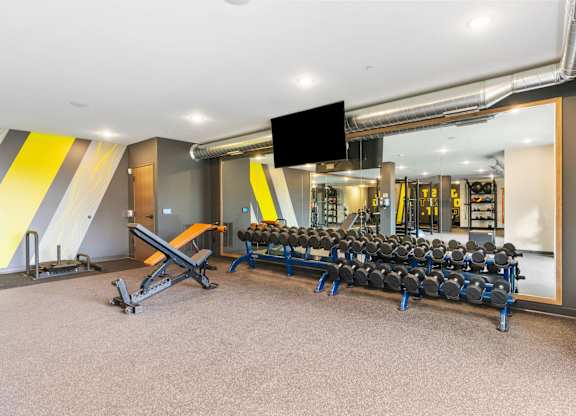 A gym with a mirror, weights, and cardio equipment.
