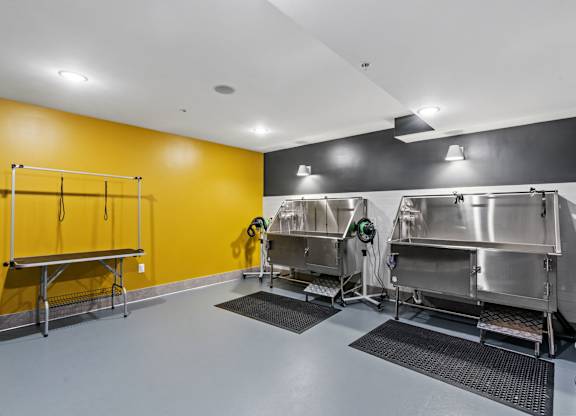 A clean, empty industrial kitchen with stainless steel appliances and a yellow wall.