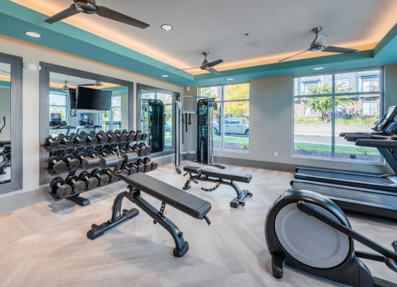 a gym with treadmills and other fitness equipment in a building with windows