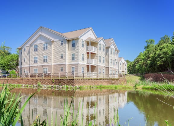 building and pond