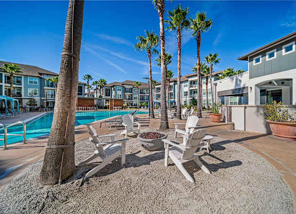 A pool area with chairs and a palm tree.