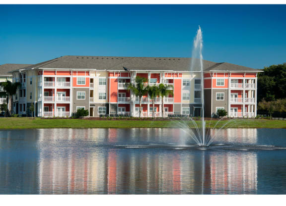 Building Exterior and lake with fountain