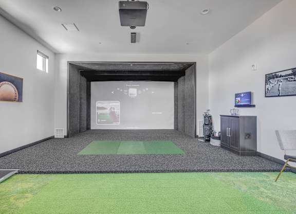 A room with a green carpet and a white wall with a picture of a baseball.
