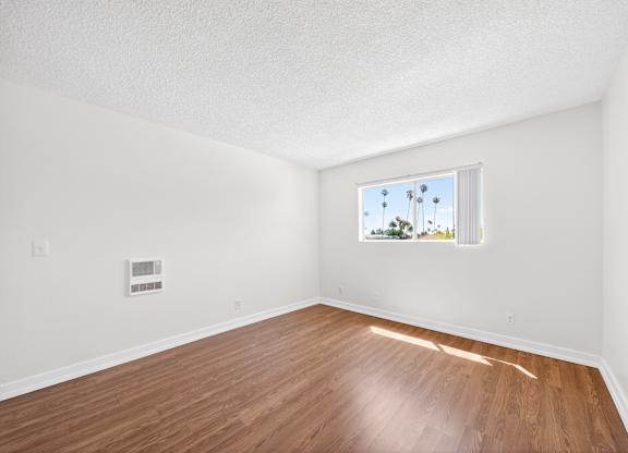 A room with a window showing a view of trees and a blue sky.