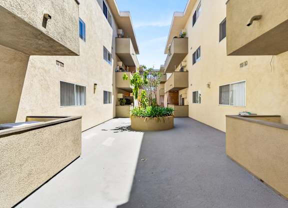 A courtyard between two buildings with a planter in the middle.