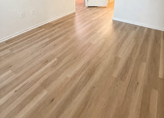 A room with wooden flooring and a white door.