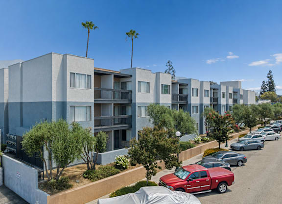 A row of modern houses with trees in front.