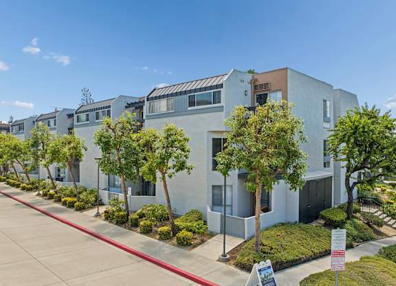 A row of modern houses with trees in front.