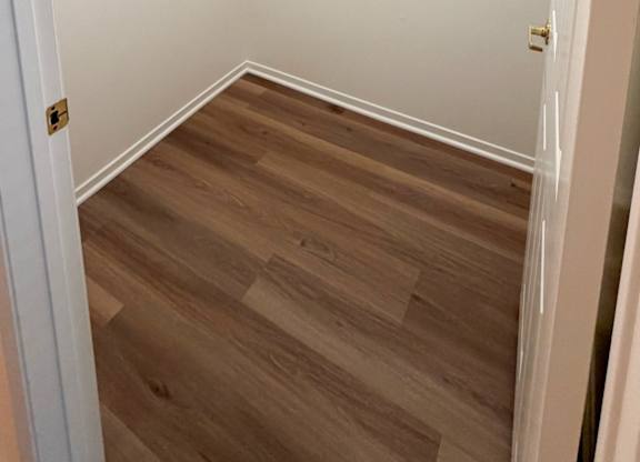 A white closet with wood flooring and a white door.