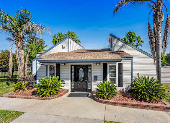 A house with a grey roof and a black door is surrounded by green plants and trees.