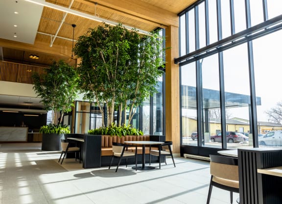 a large open area with tables and chairs and large windows