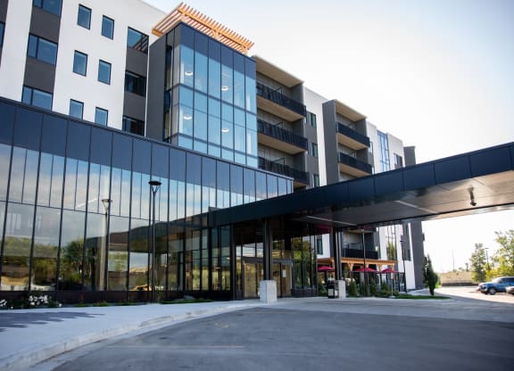 a view of the building from the parking lot