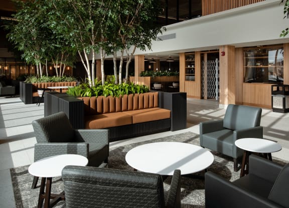 a large open area with tables and chairs