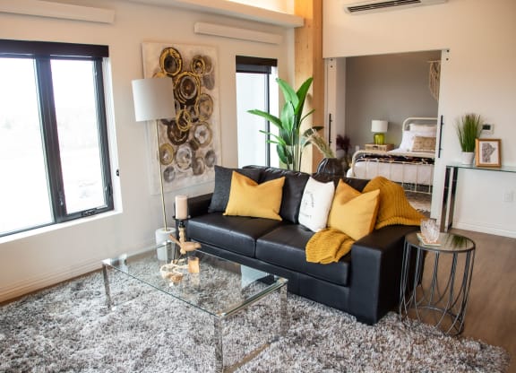 a living room with a black couch and yellow pillows
