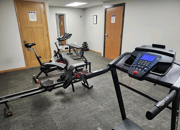 A gym room with a treadmill, elliptical trainer and a rowing machine.