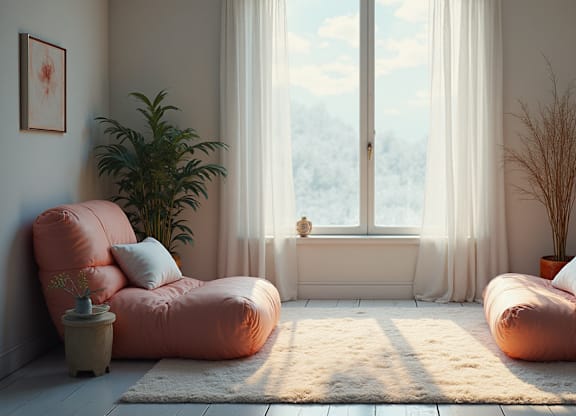 Two orange sofas are placed in a room with a large window and a plant.