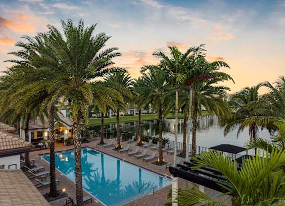 A beautiful pool surrounded by palm trees at sunset.