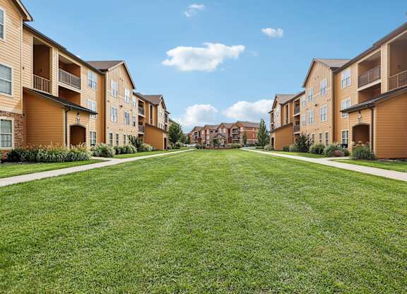 an empty lawn in front of a row of houses