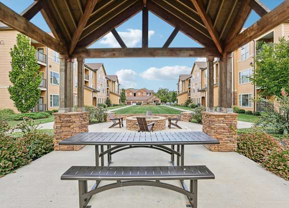 the outlook of a patio with a picnic table