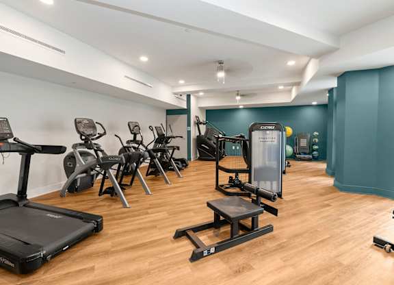 A gym with treadmills, exercise bikes, and weights.