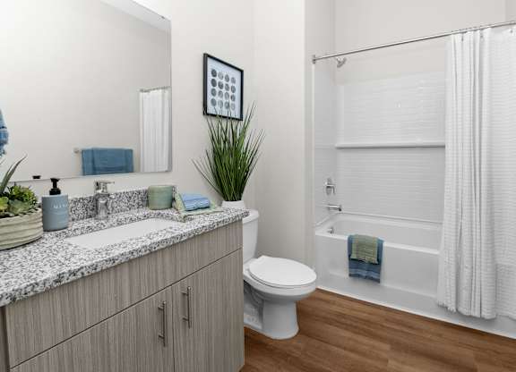 A bathroom with a white toilet, a sink, and a shower.